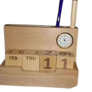 Wooden Desk Organizer with Perpetual Calendar, Pen Holder & Mini Clock