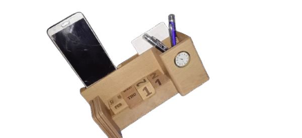Wooden Desk Organizer with Perpetual Calendar, Pen Holder & Mini Clock - Image 5