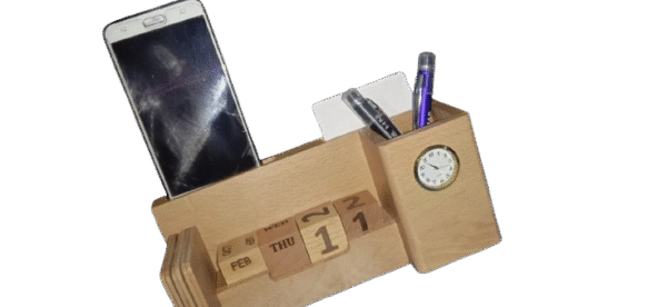 Wooden Desk Organizer with Perpetual Calendar, Pen Holder & Mini Clock - Image 6